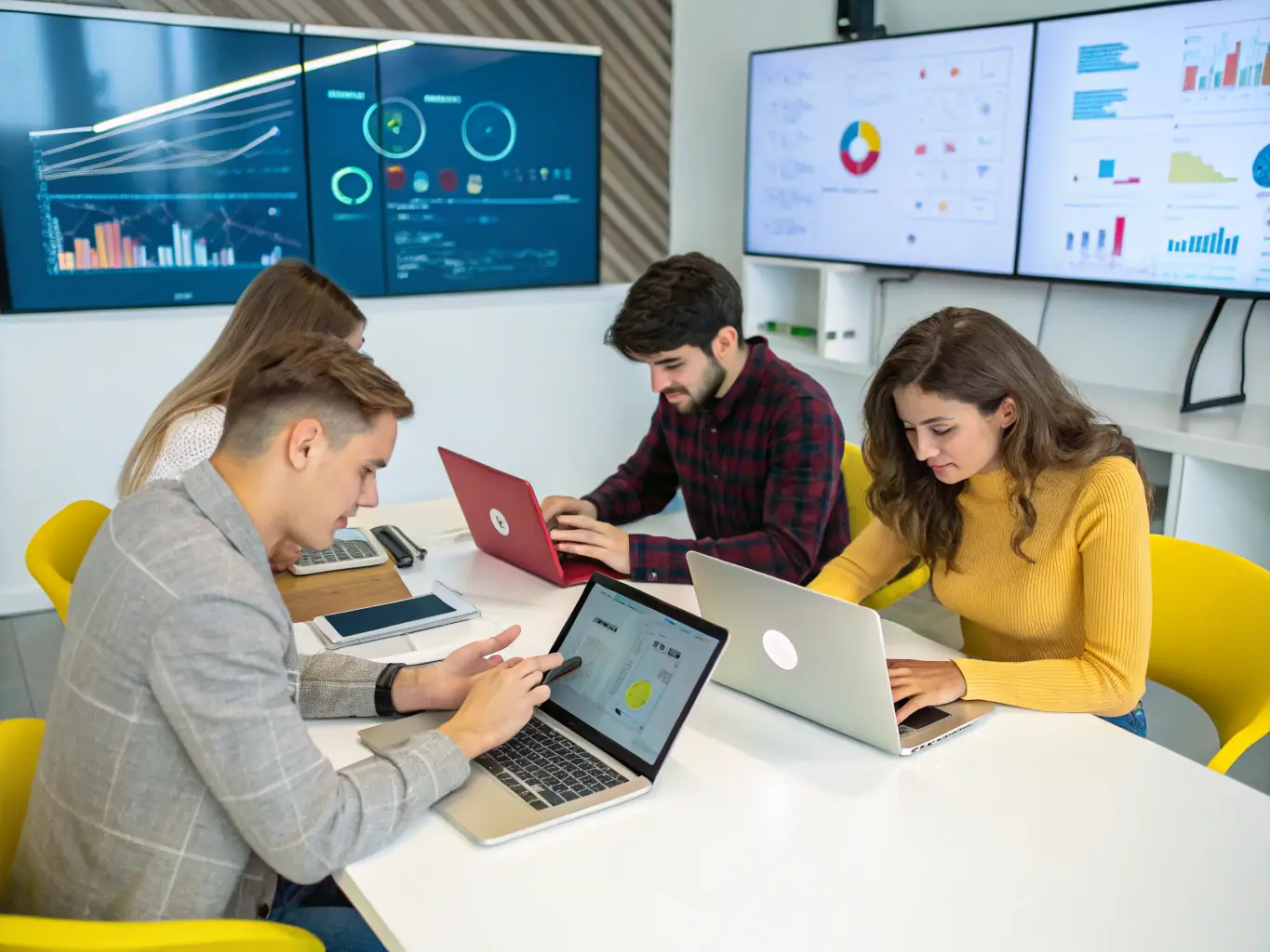A team of social media managers working on multiple devices with social media dashboards open, illustrating AgenWora's commitment to effective social media management.