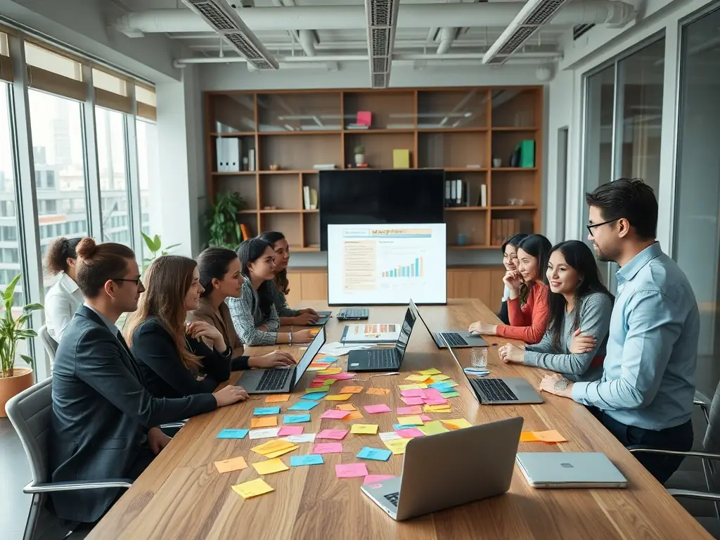 A dynamic image showcasing a diverse team of AgenWora marketing professionals collaborating in a modern office setting, brainstorming innovative advertising strategies. The image should convey a sense of creativity, teamwork, and expertise.