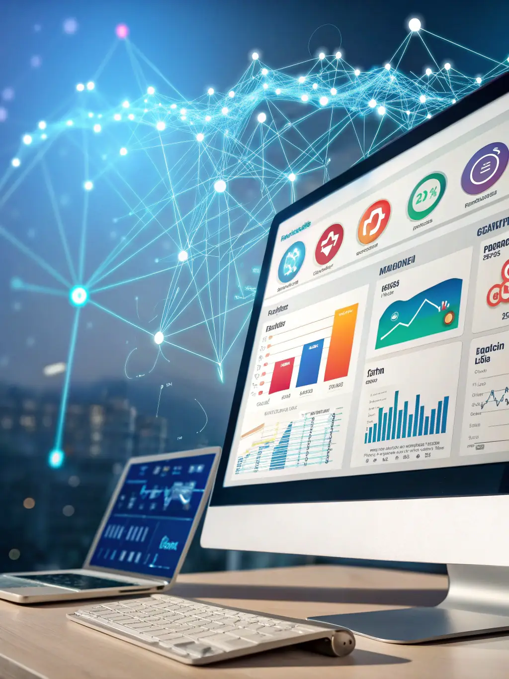 A visually appealing graphic illustrating a multi-channel digital marketing campaign, showing how different platforms (social media, email, search engines) work together to reach a target audience. The graphic should be modern and tech-focused.